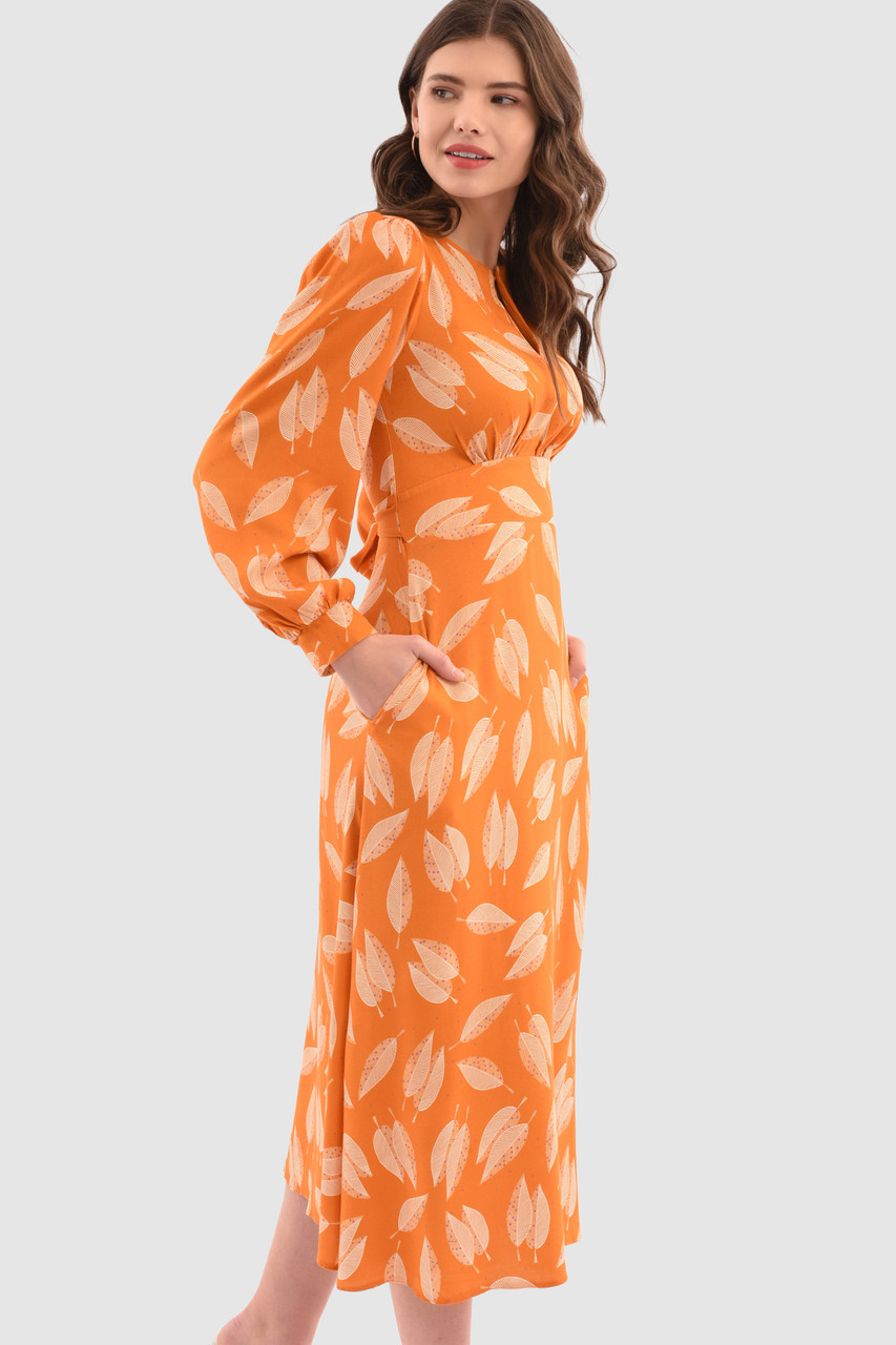 Closet London | Orange Print Puff Sleeve Midi Dress