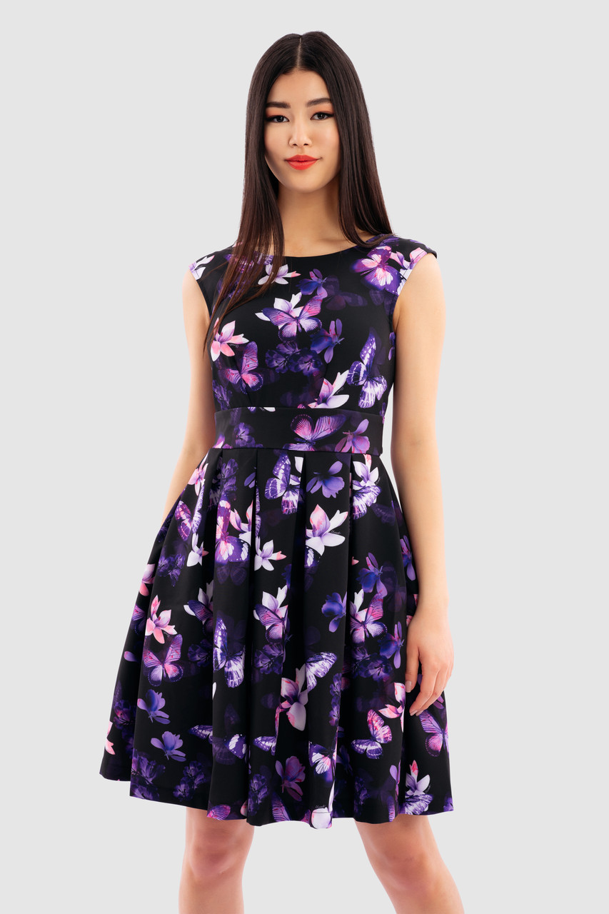 Closet London | Purple Floral Print Skater Tie Back Dress