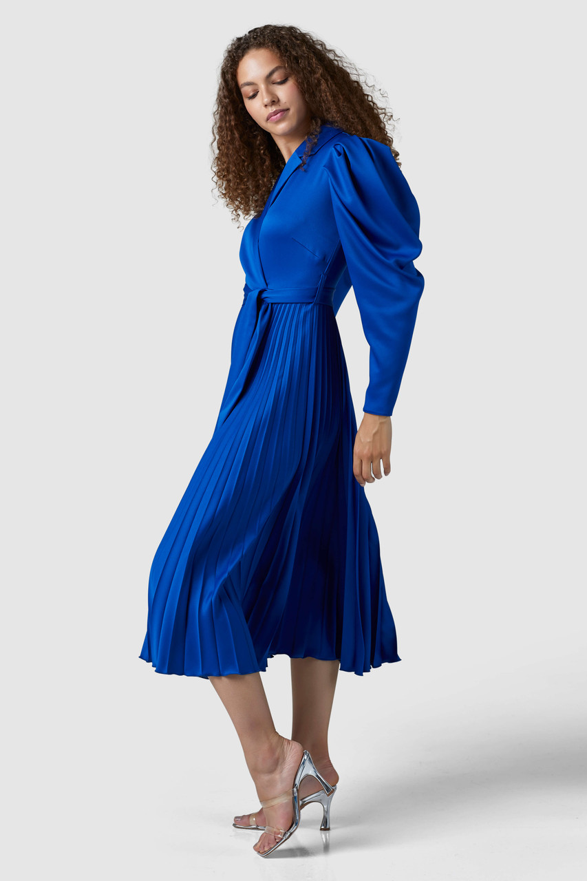 Closet London | Blue Long Sleeve Pleated Wrap Midi Dress