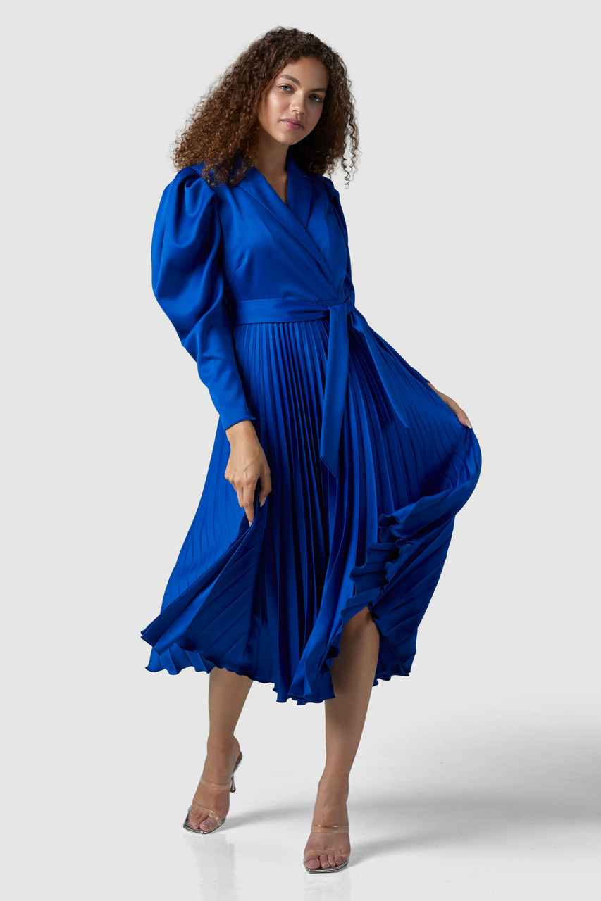 Closet London | Blue Long Sleeve Pleated Wrap Midi Dress