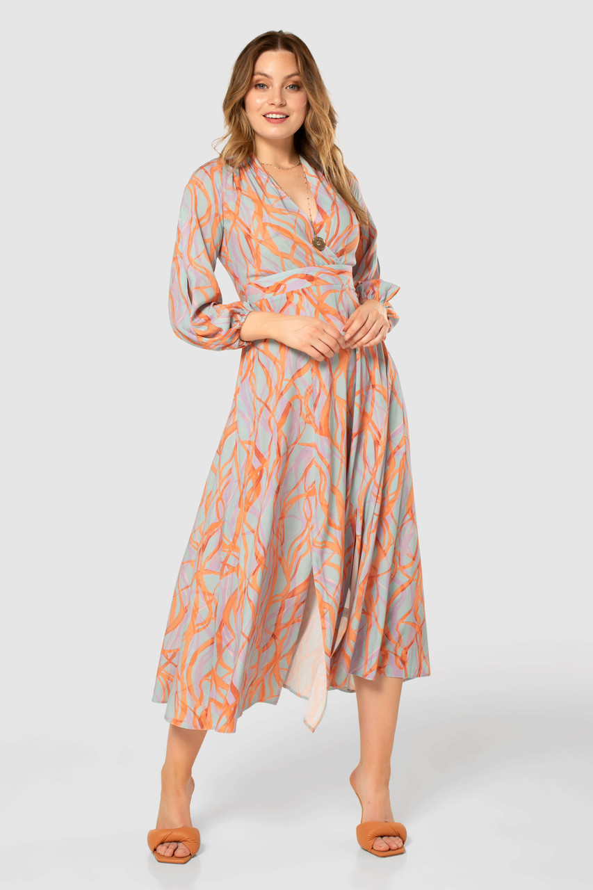 Closet London | Orange Print Full Skirt Wrap Midi Dress