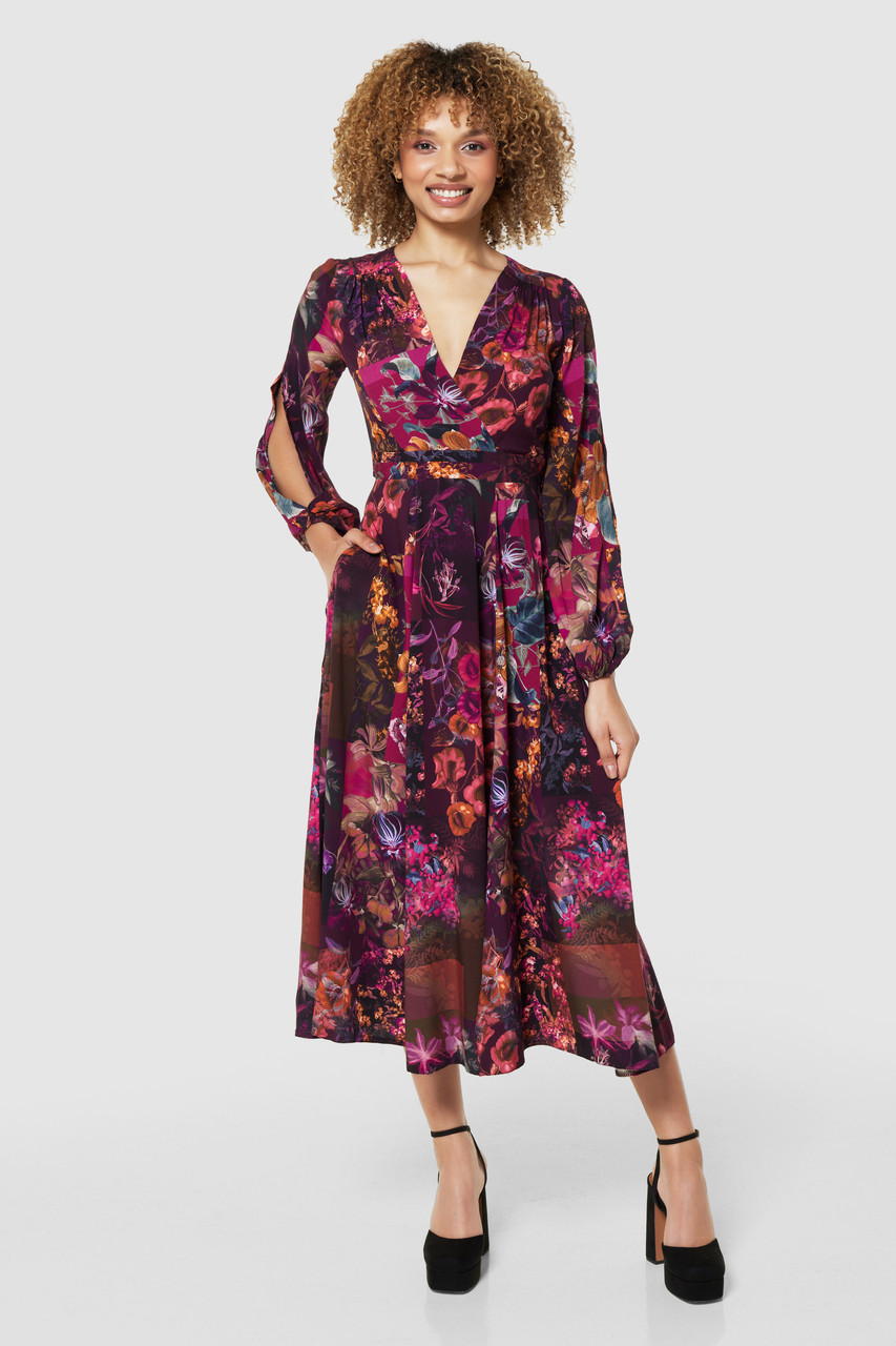 Closet London | Maroon Floral Print Full Skirt Wrap Dress
