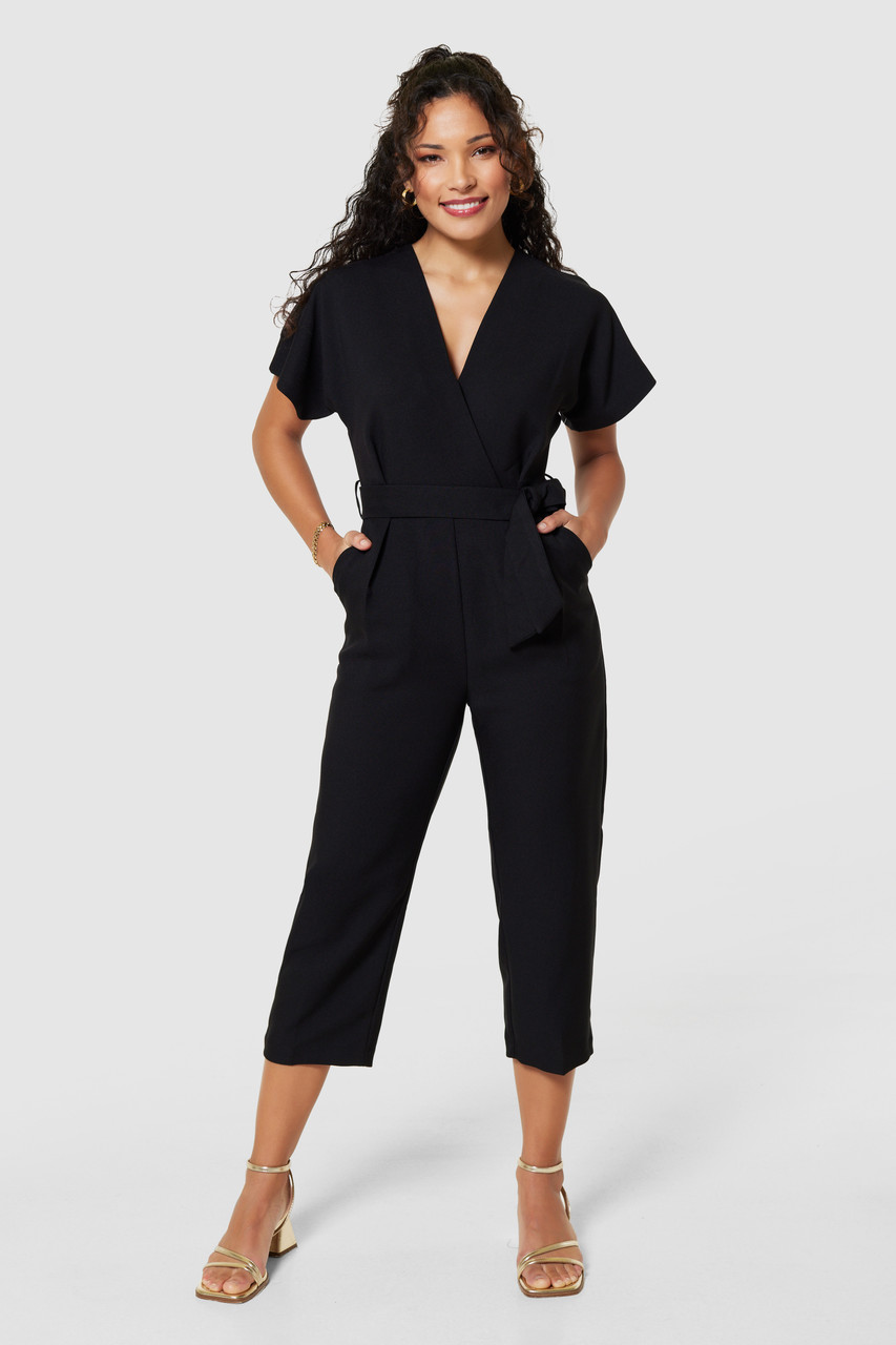 Closet London | Black Wrap Neck Cropped Jumpsuit