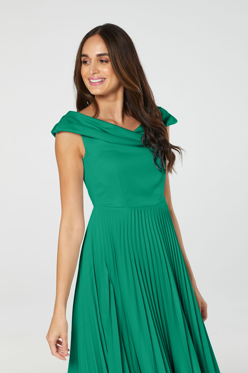 Closet London | Green Draped Neck Pleated Midi Dress