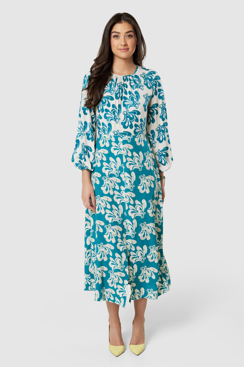Closet London | Teal Blue Print Gathered Neck Midi Dress