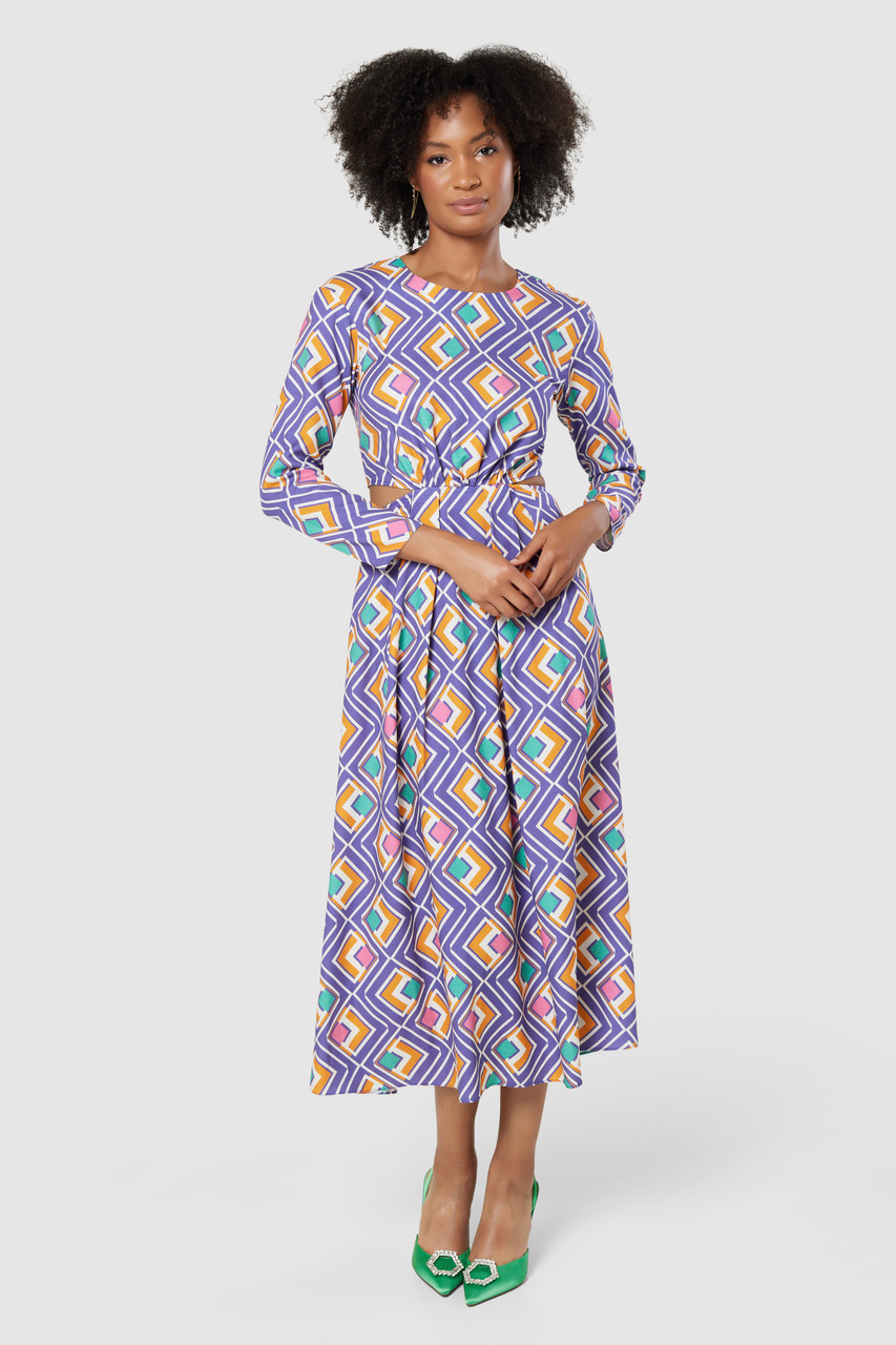 Closet London Purple Multi Print Cut Out Waist Midi Dress