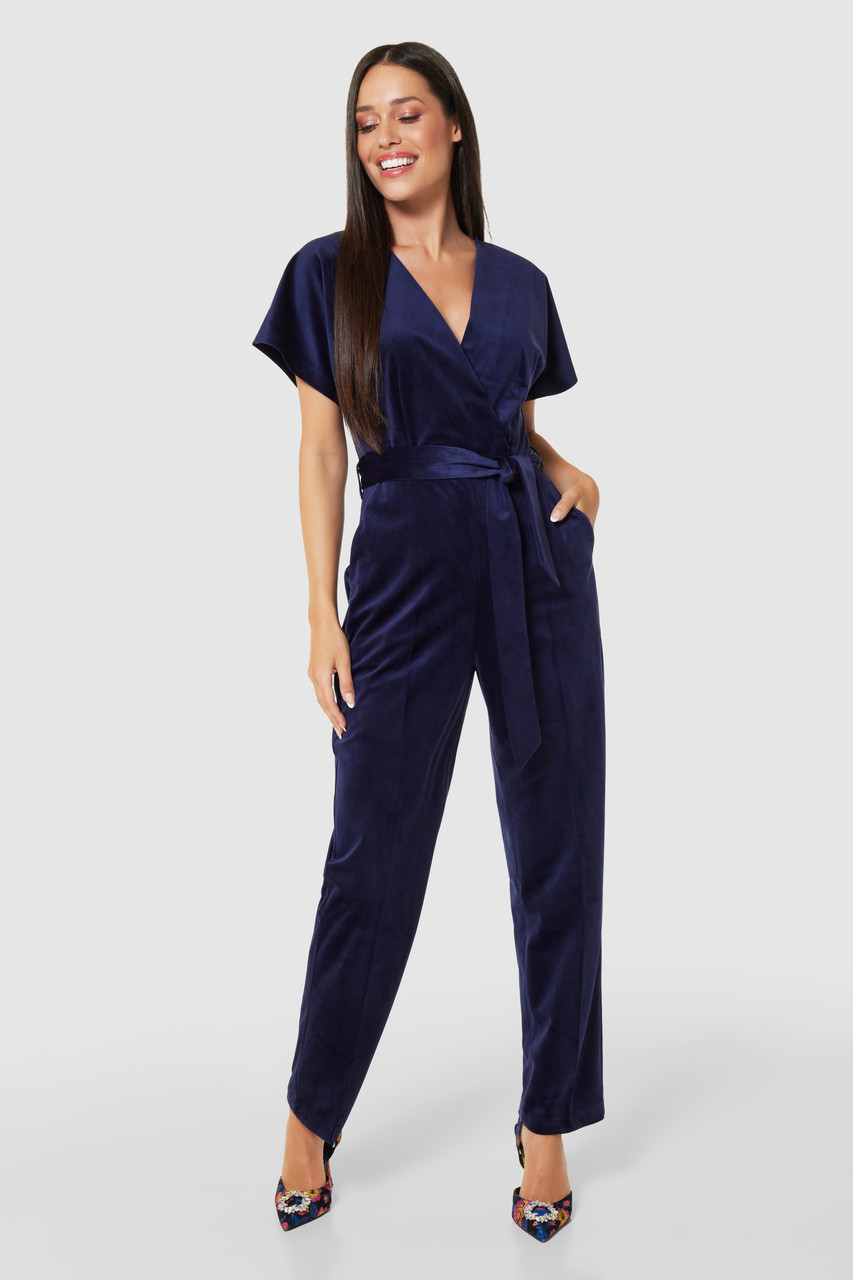 Navy Jumpsuit - Burnout Velvet Jumpsuit - Long Sleeve Jumpsuit - Lulus