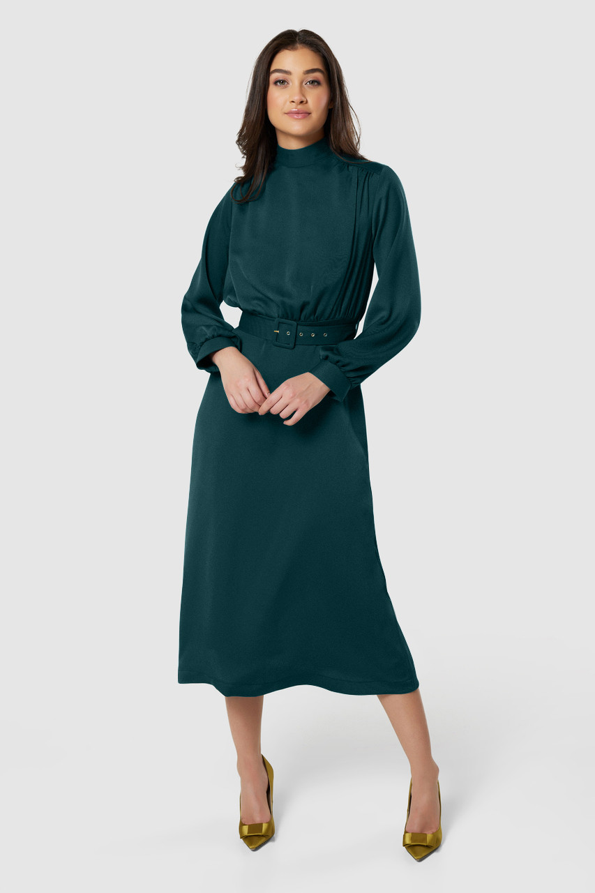 Closet London Teal Elegance: High Neck Midi Dress for Timeless Style.