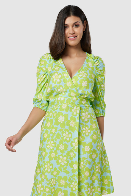 Closet London | Lime Green Floral Print Gathered Raglan Wrap Dress