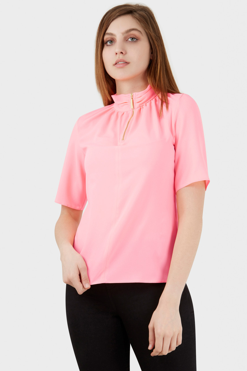 Closet London Pink Zipped High Neck Short Sleeve Blouse