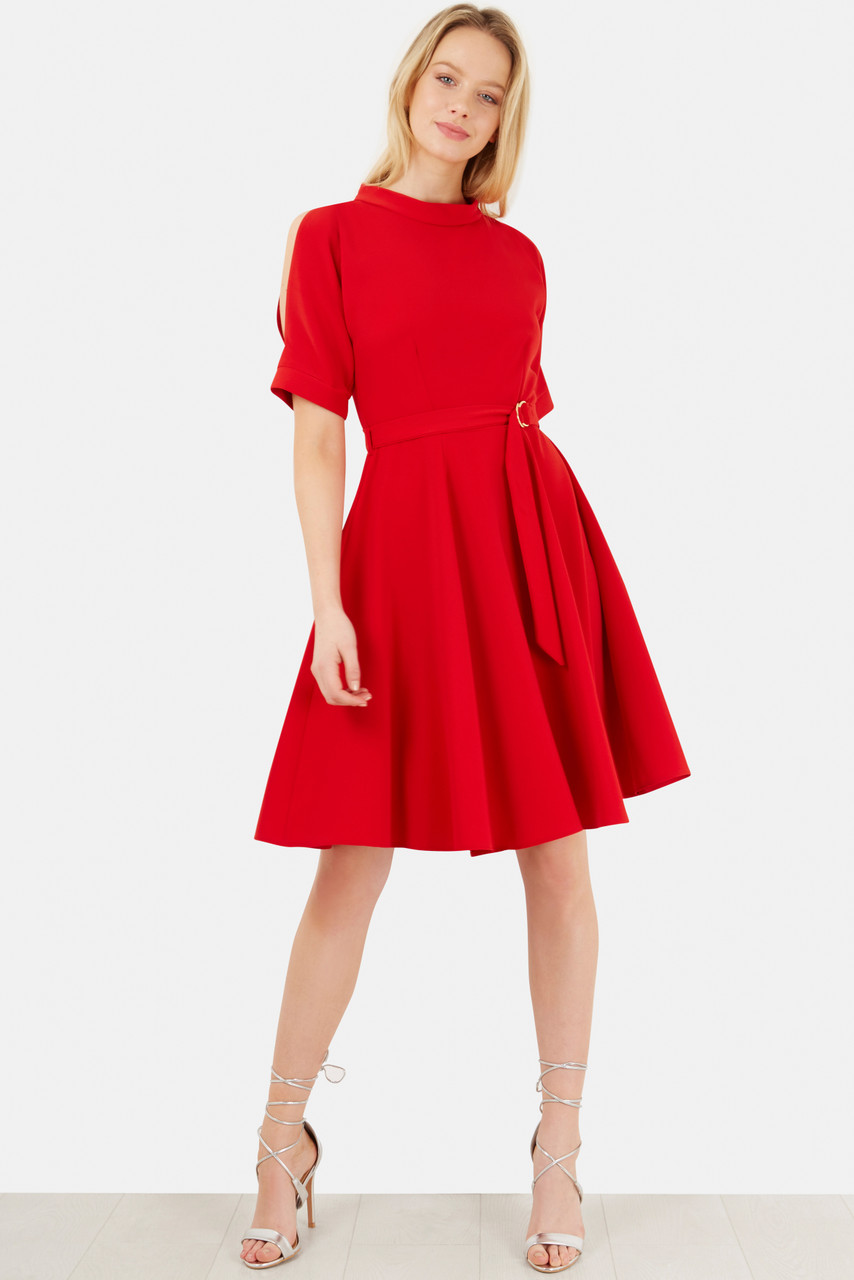 Closet Split Sleeve Belted Skater Dress