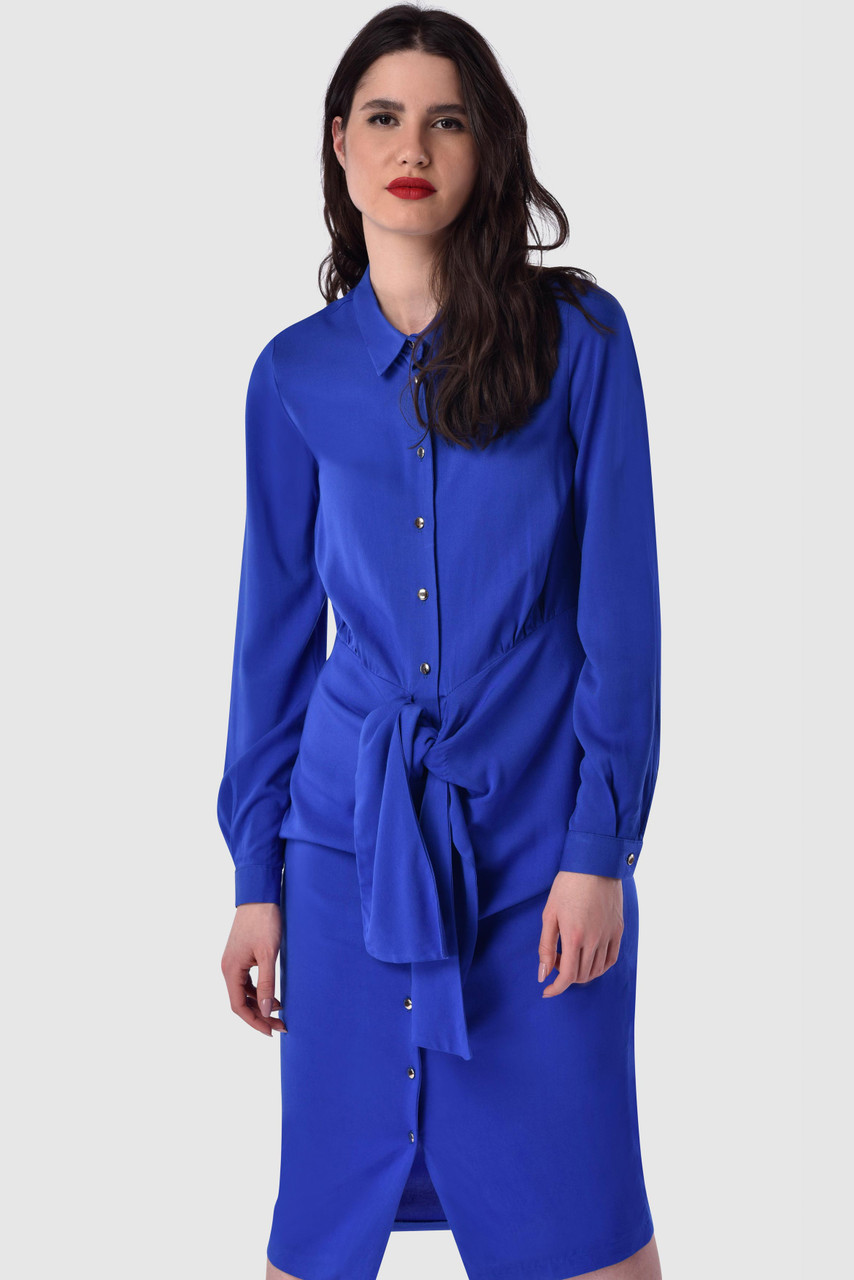 Closet London Blue Bow Front Button Up Long Sleeve Dress