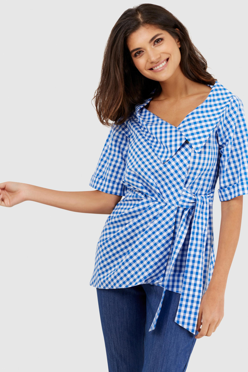 Closet London Blue and White Checked Wrap Blouse