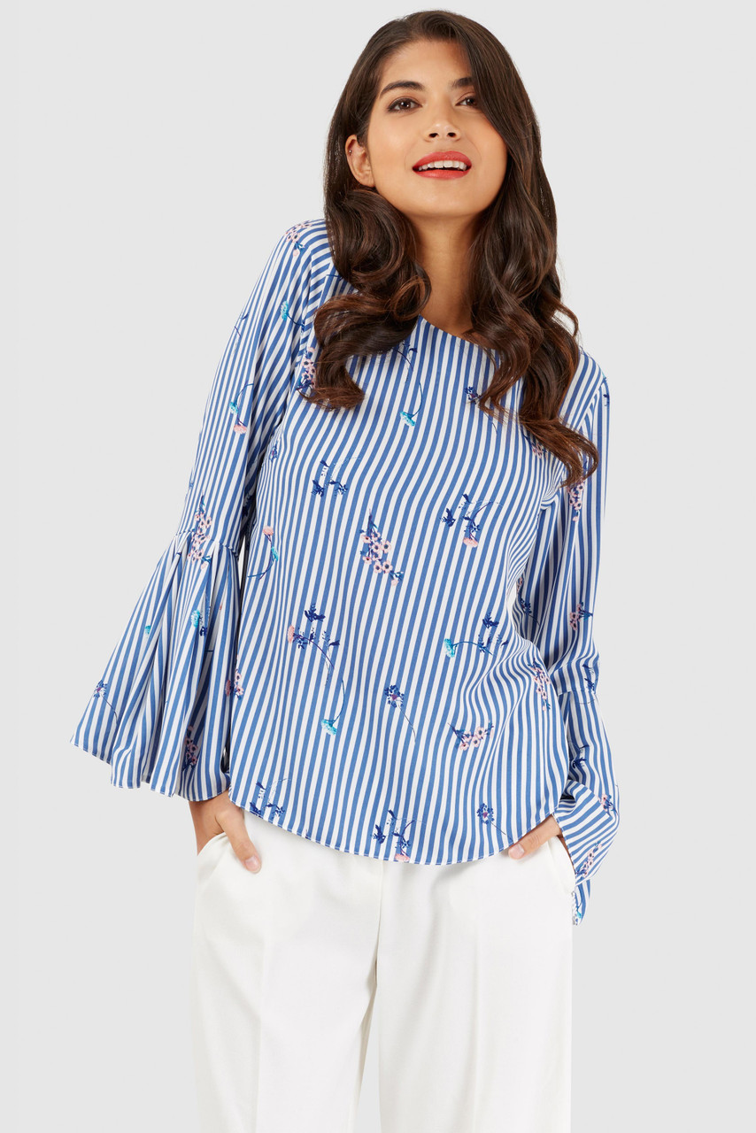 Closet London Blue Stripe Floral Bell Sleeve Blouse