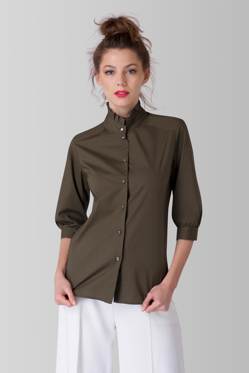 Closet London Khaki High Neck 3/4 Sleeve Gathered Blouse