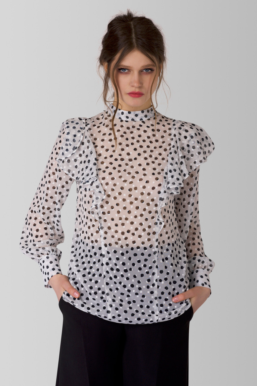 Black and White Polka Dot Long Sleeve Frill Detail Blouse