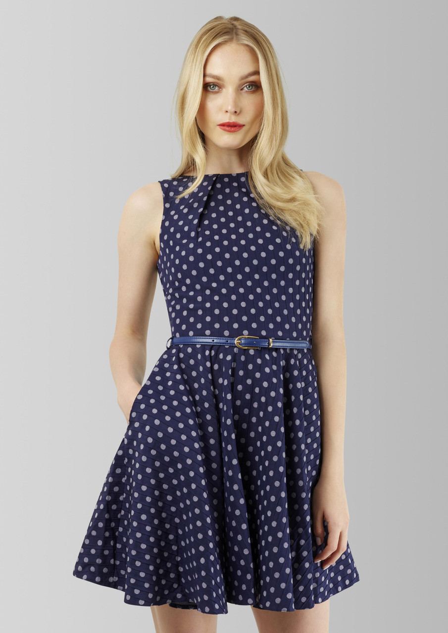 Closet London Navy Full Circle Sleeveless Polka Dot Dress