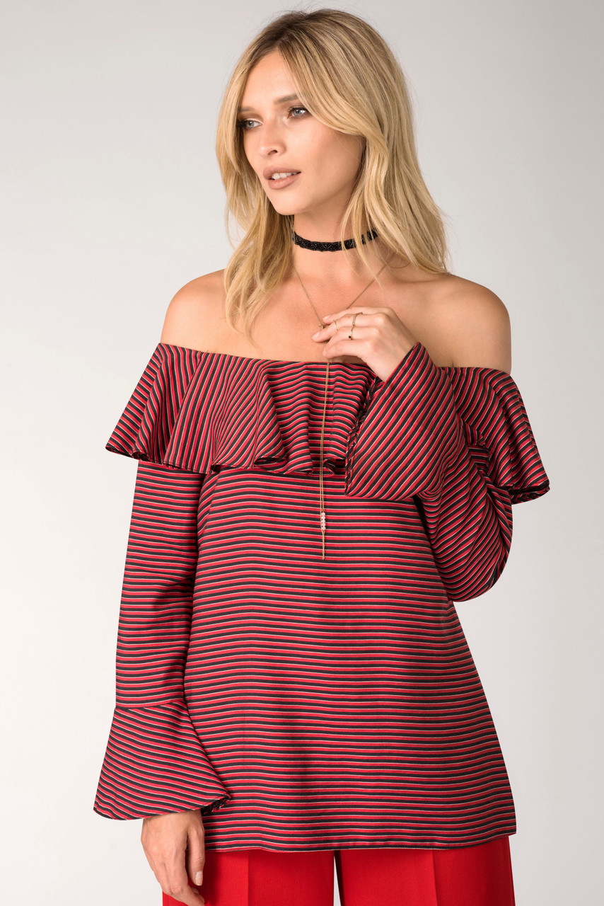 Closet London Black and Red Ruffle Neck Off-the Shoulder Blouse