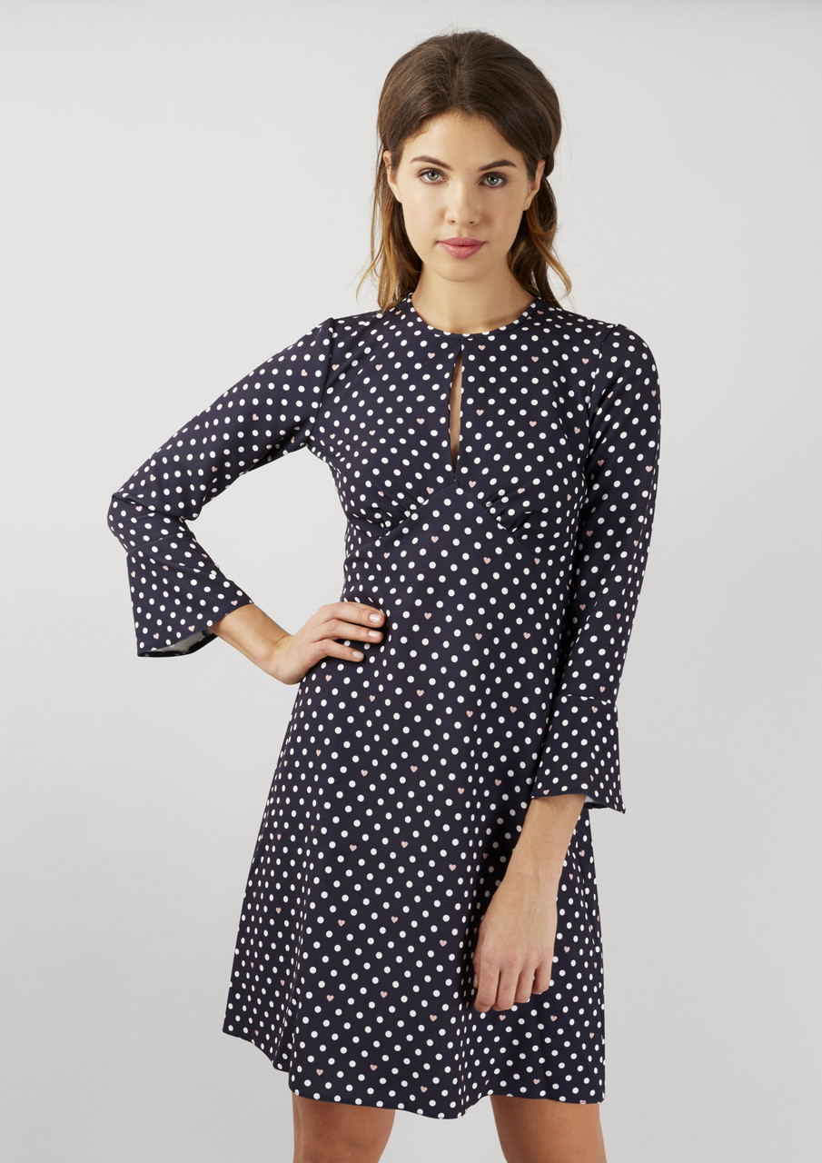 Navy Split Neck Fluted Sleeve Tunic Dress