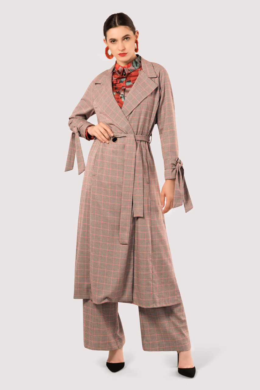 Closet London Red Check Tied Cuff Trench Coat
