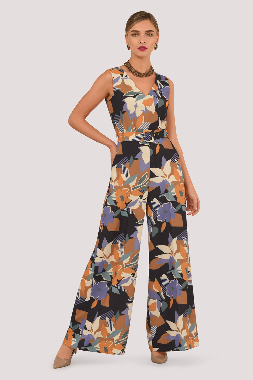 Geometric Floral Wide Leg Sleeveless Jumpsuit with Belt