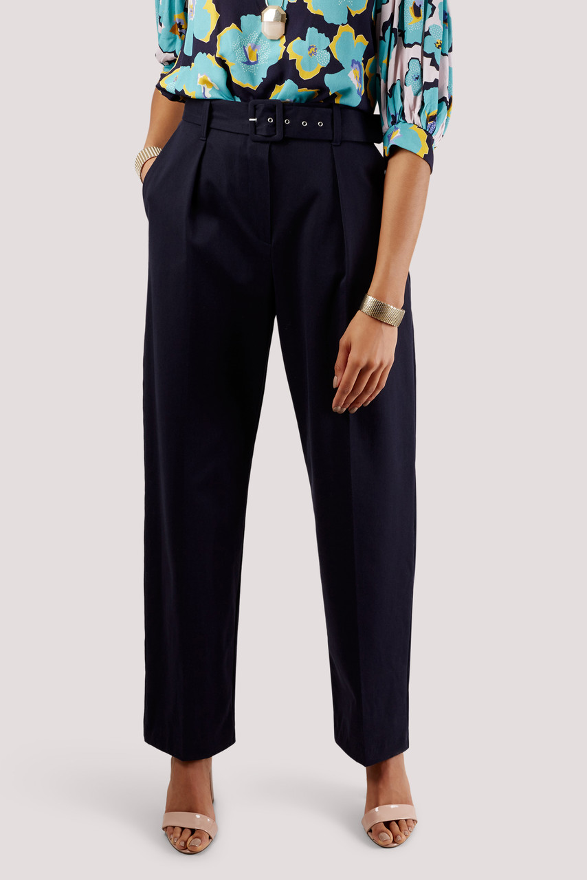 Closet London Navy Pleated Trousers with Belt