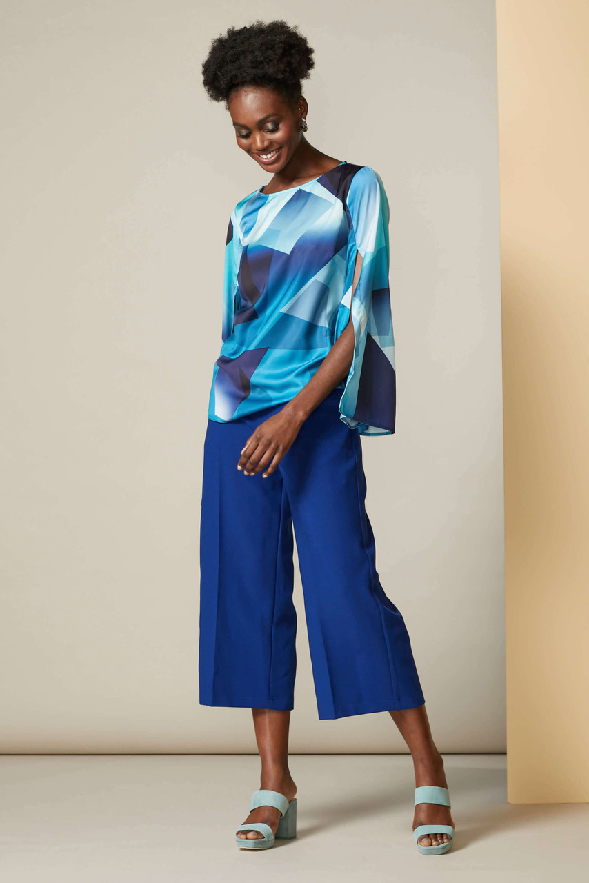 Closet London Blue Geometric Flared Split Sleeve Top