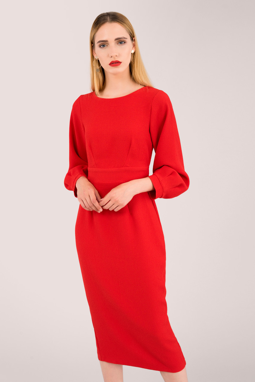 red midi dress with sleeves