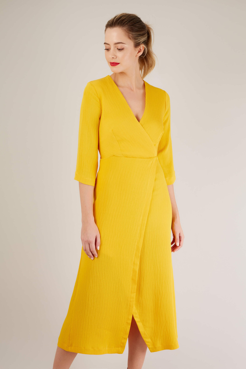 Yellow Wrap Dress with 3/4 Sleeve