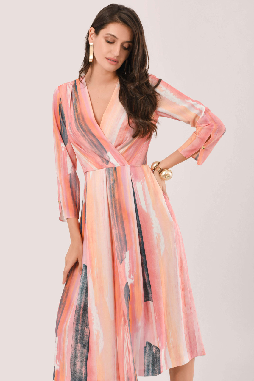 Apricot Paint Stripe Pleated Wrap Midi Dress