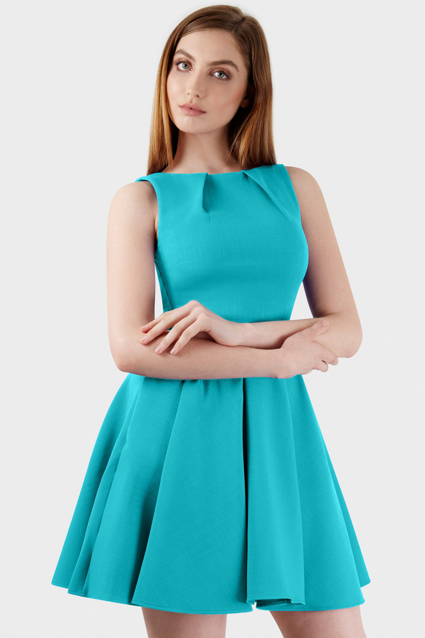 Aqua Flared Belted Dress