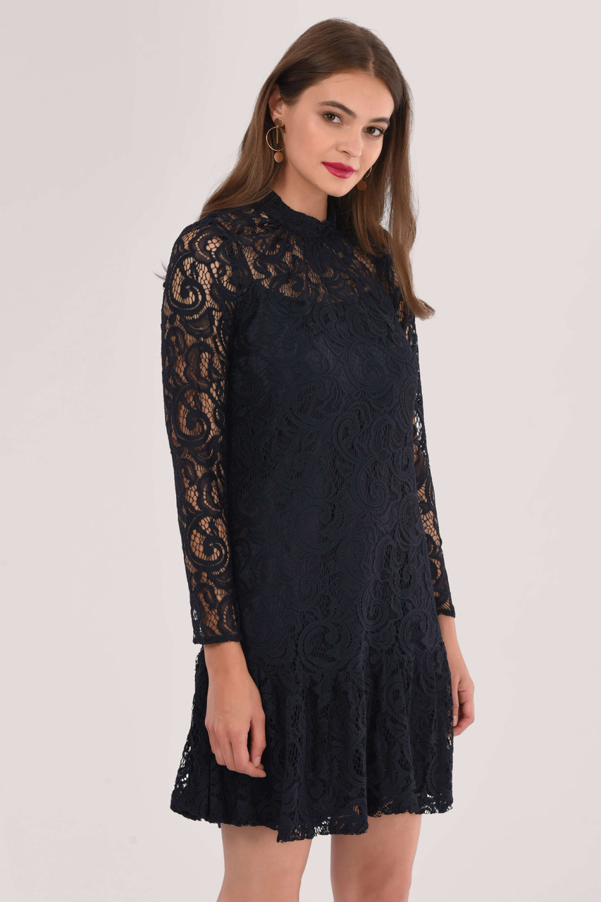 Closet London Navy Lace Gathered Hem Dress