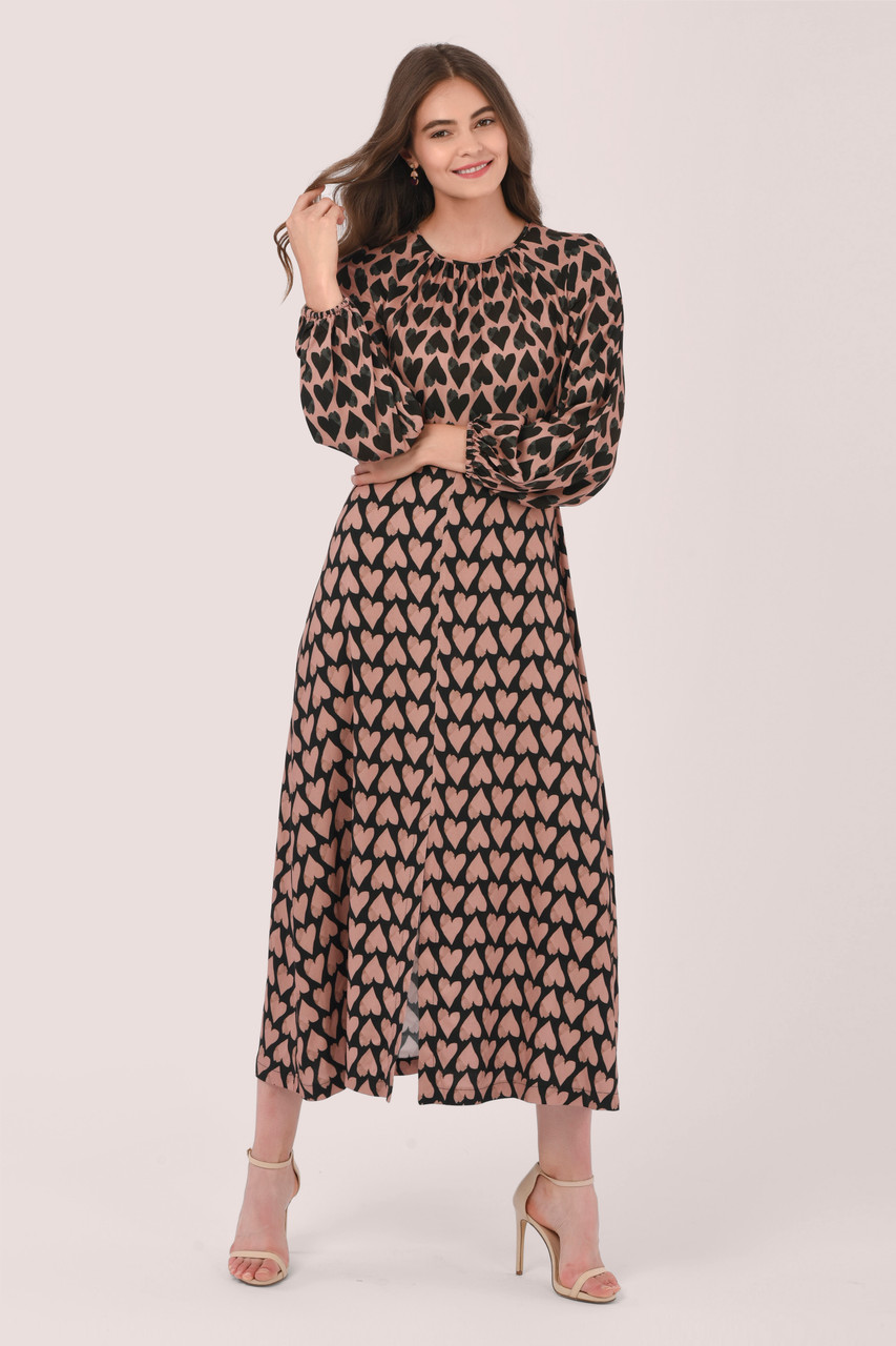 Closet London Pink Heart Print Gathered Neck A-Line Dress