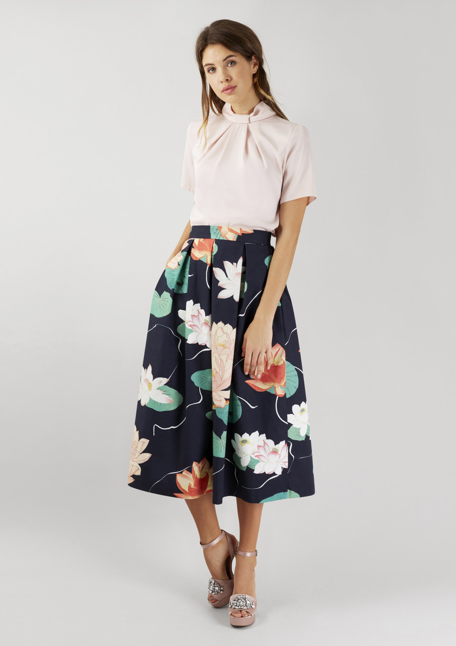 Closet London Navy Pleated Floral Skirt