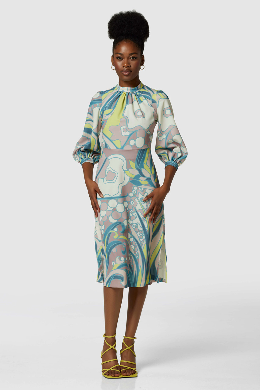 Closet London Blue Floral Print A-Line Puff Sleeve Midi Dress