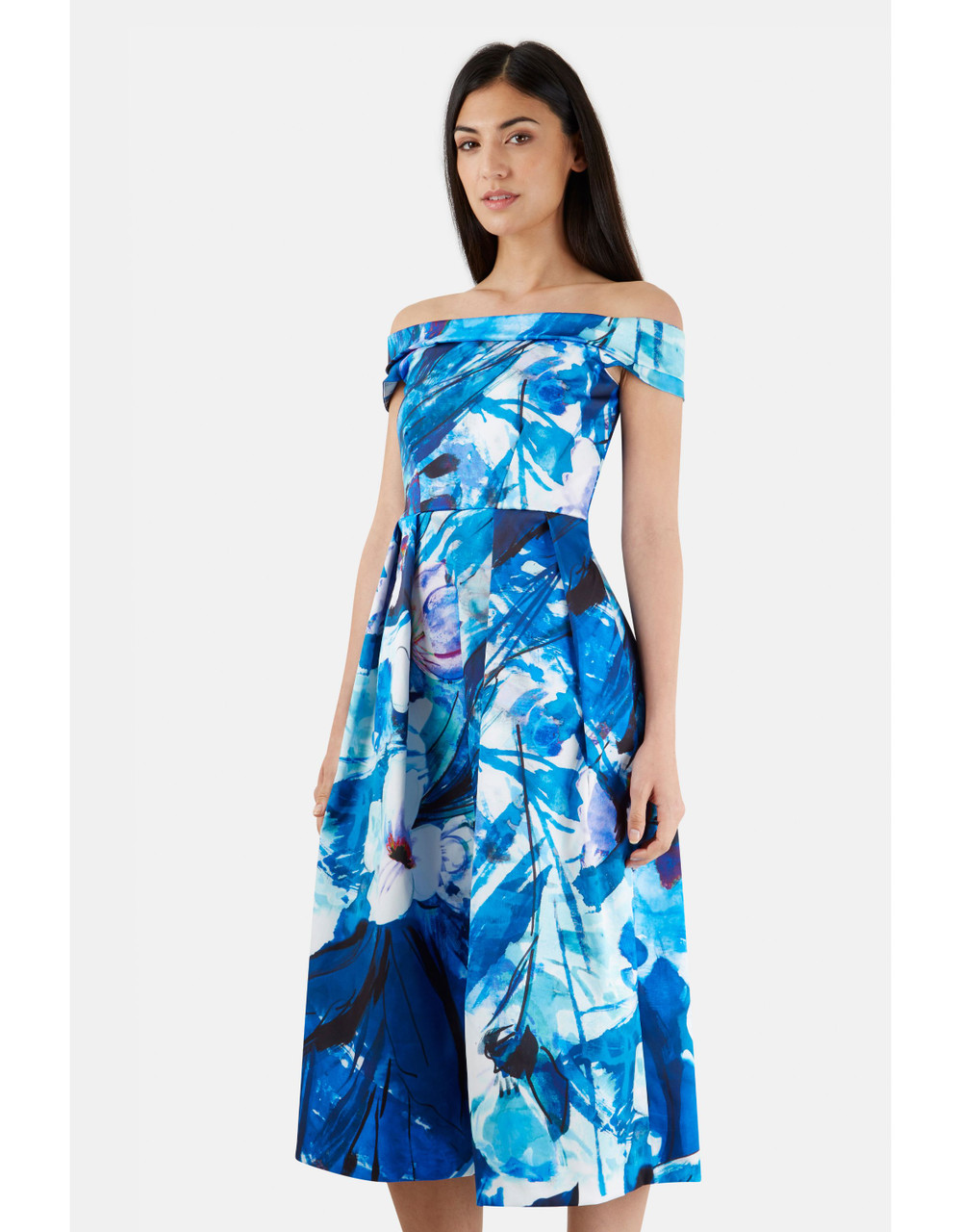 Closet London Blue Floral Bardot Midi Dress