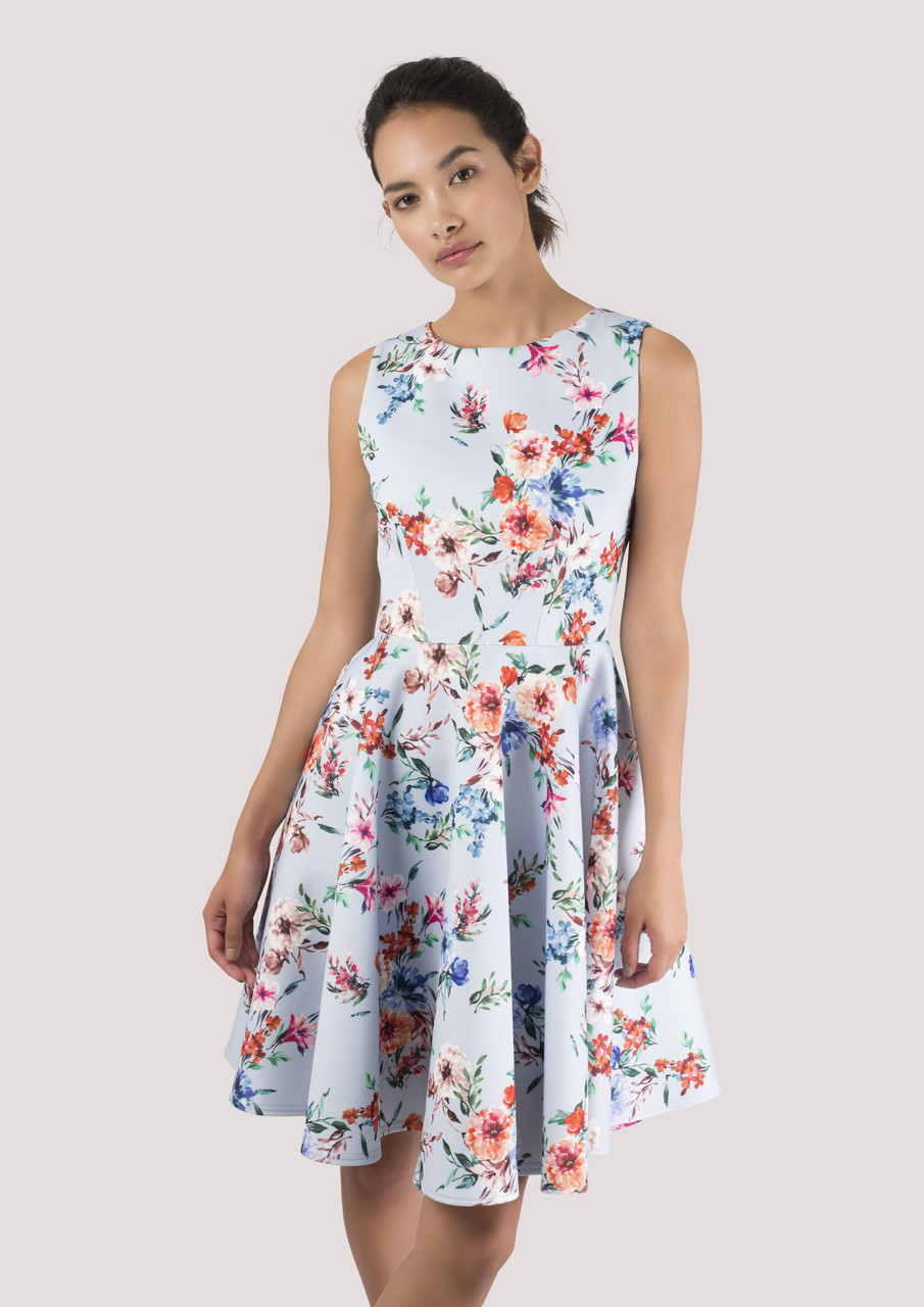 Closet London Blue Floral Print Sleeveless Skater Dress