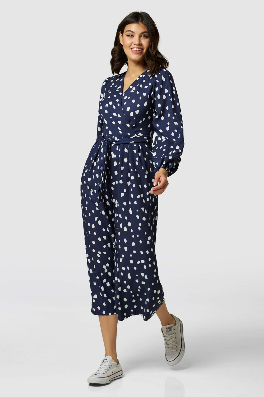 Closet London Navy Blue Wrap Wide Leg Print Jumpsuit