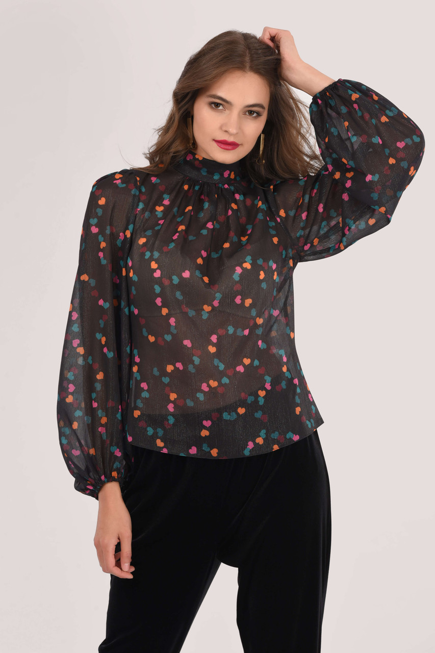 Closet London Black Heart Print Puff Sleeve Tie Neck Blouse