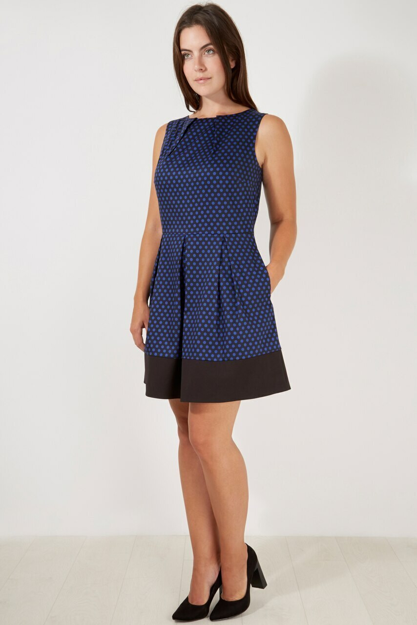 Closet Curves Blue Skater Dress In Polka Dot