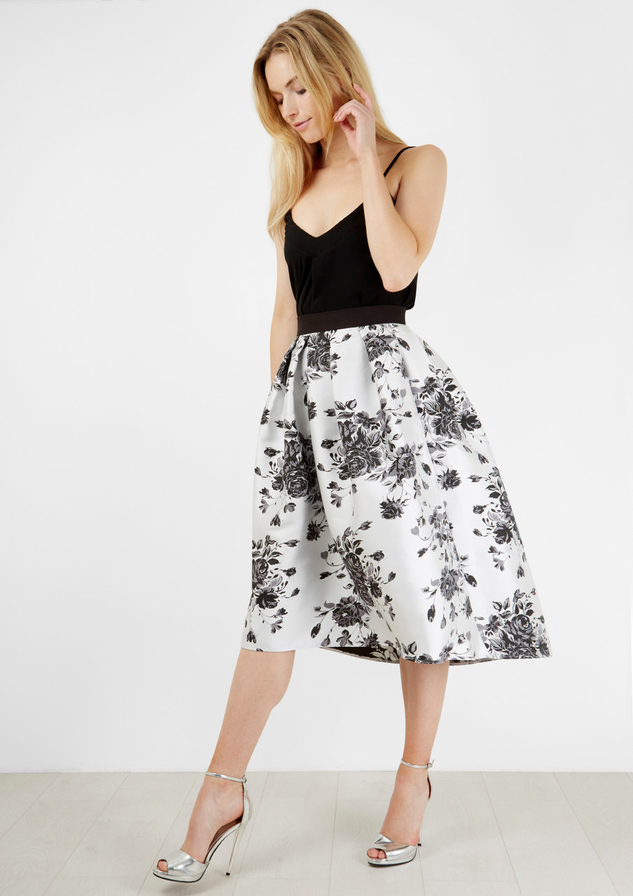 Monochrome Floral Midi Skirt