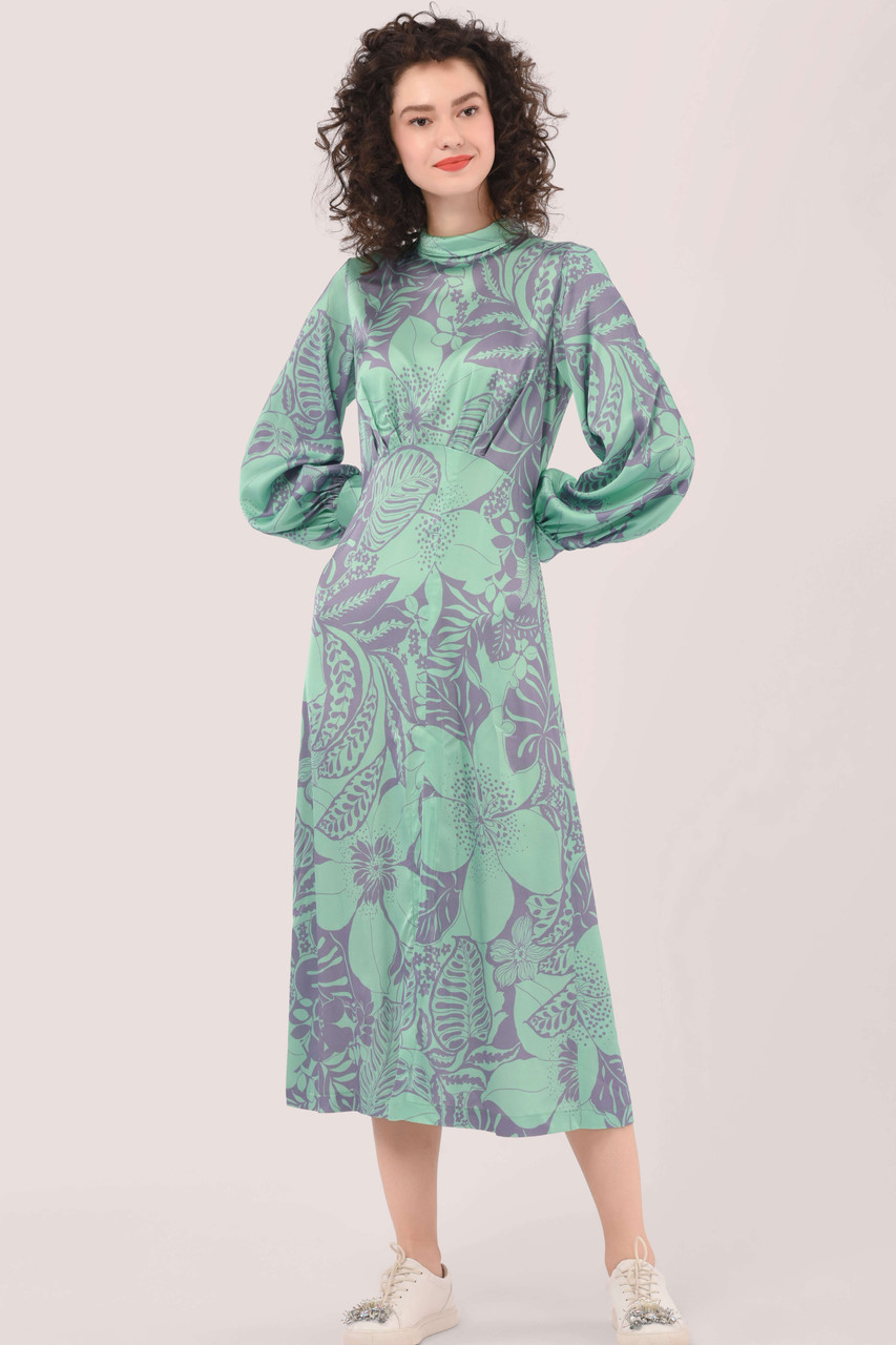 Closet London Green Floral Print Roll Neck Puff Sleeve Dress