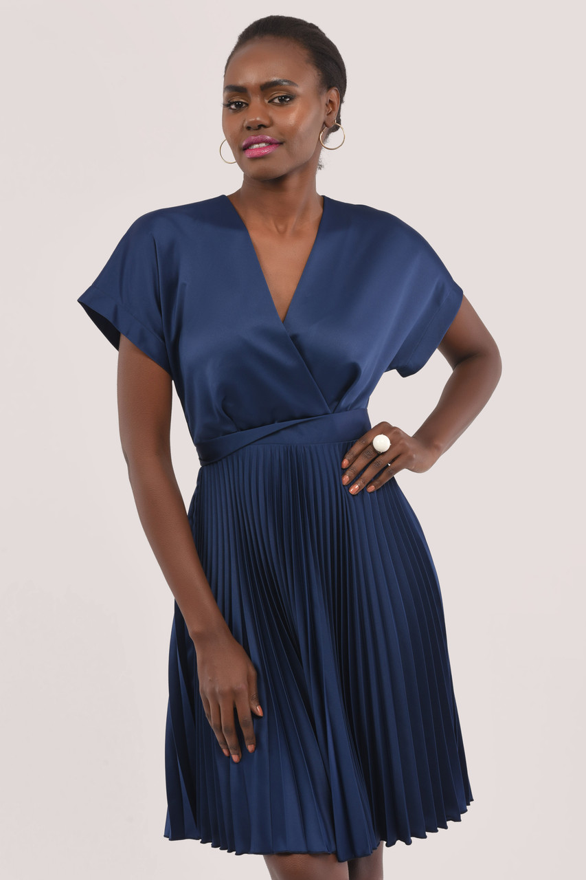 Closet London Navy Kimono Pleated Dress