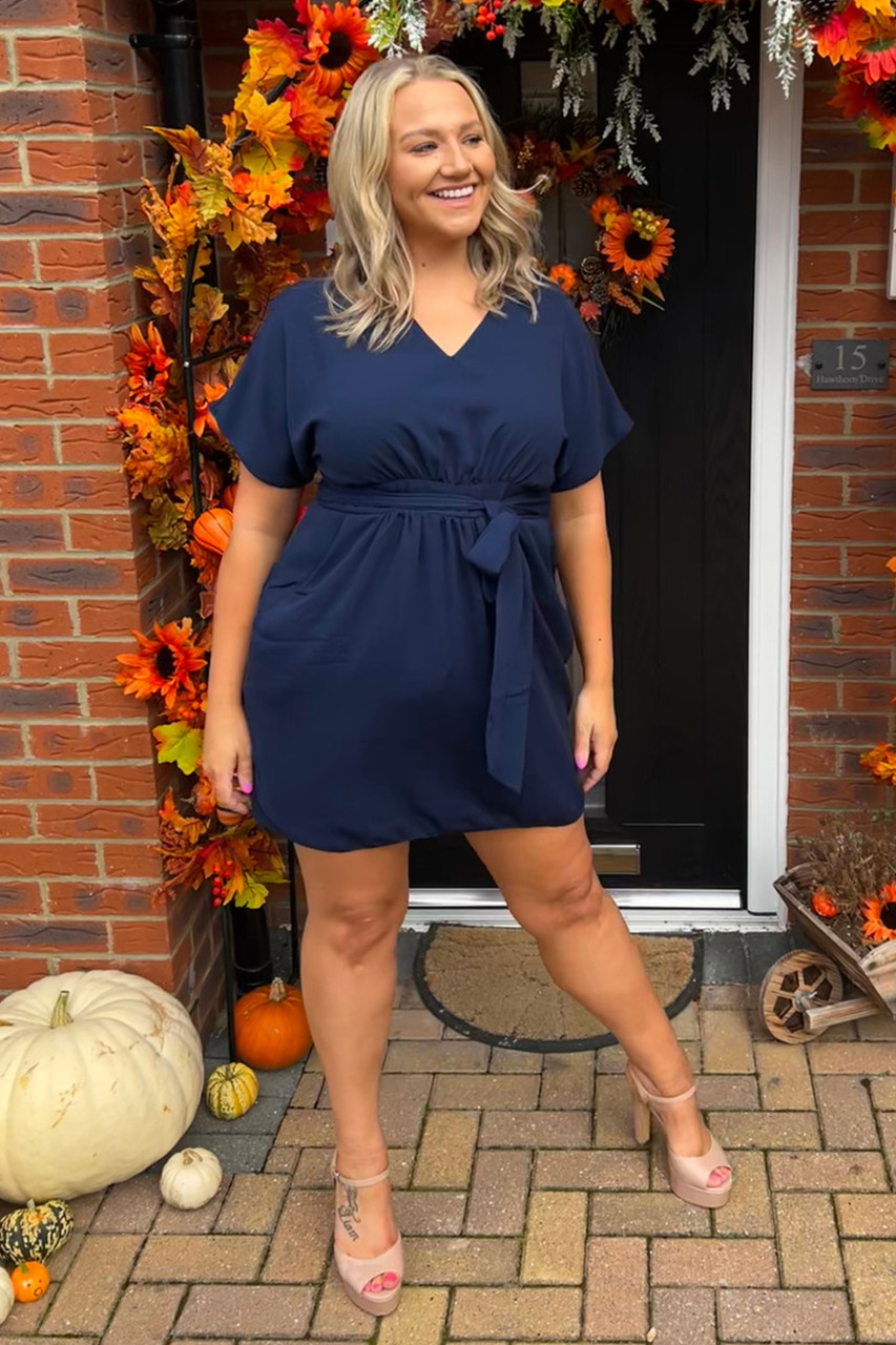 Closet London Curves Navy Gathered Waist Tulip Dress