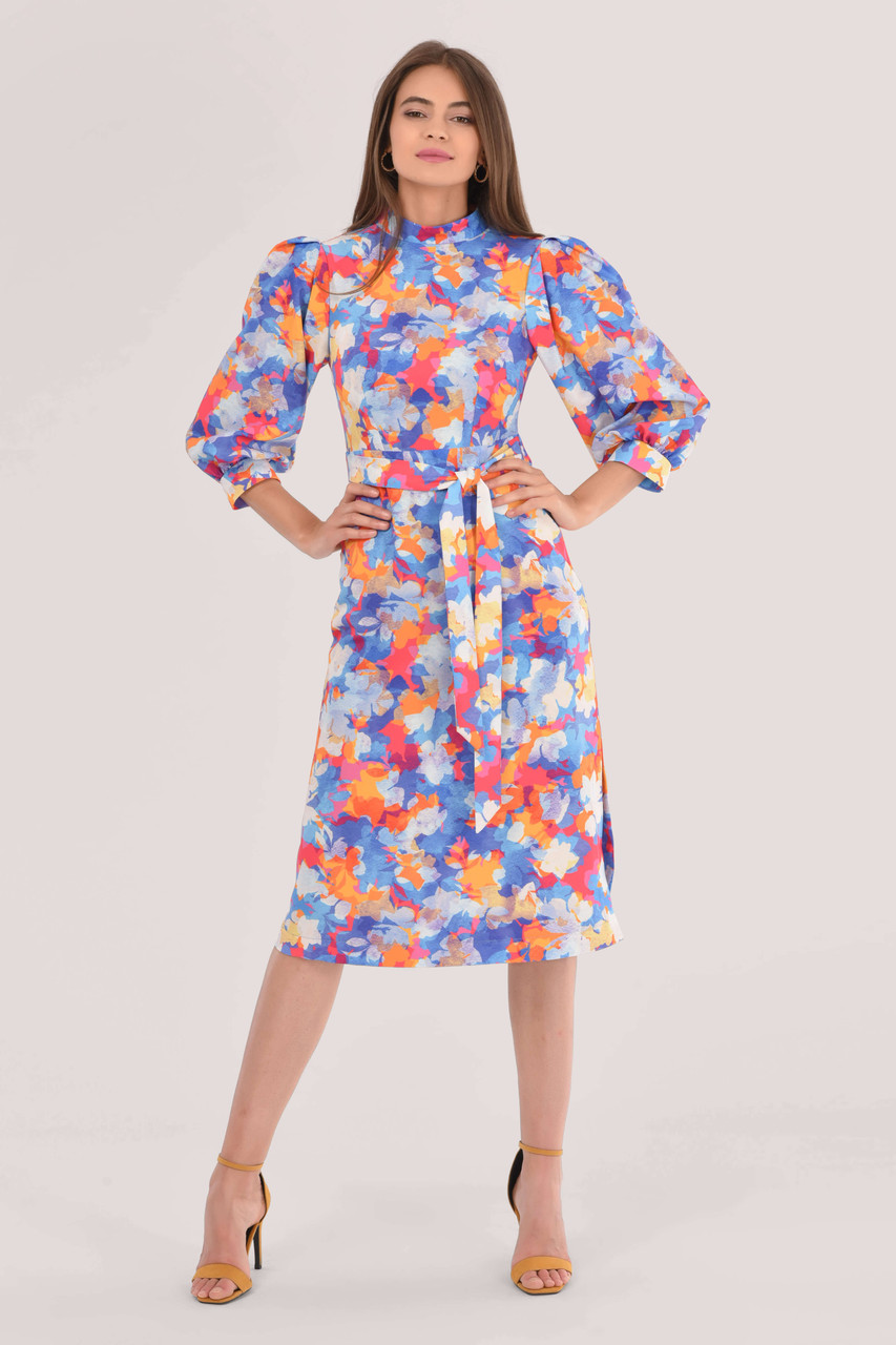 Closet London Blue Pleated Sleeve A-Line Floral Print Dress