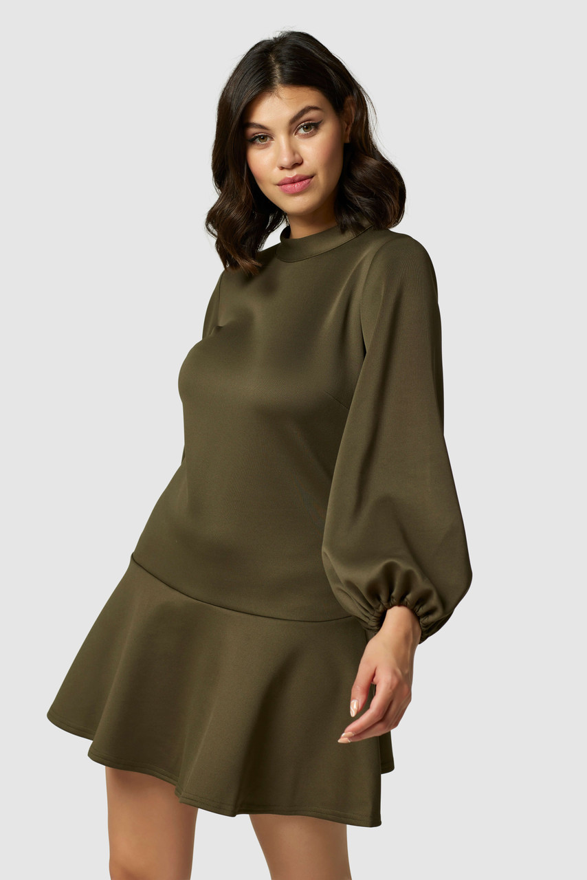 Closet London Green High Neck Frill Hem Puff Sleeve Dress