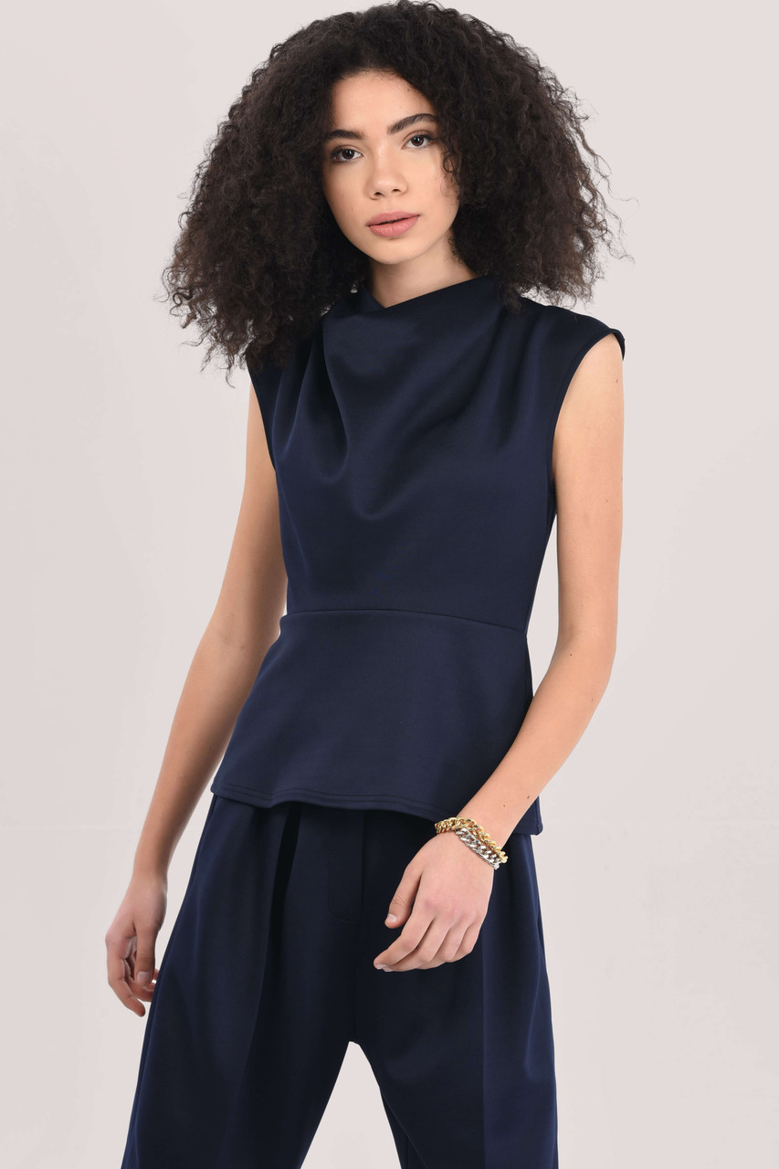 Closet London Navy Pleated High Neck Top