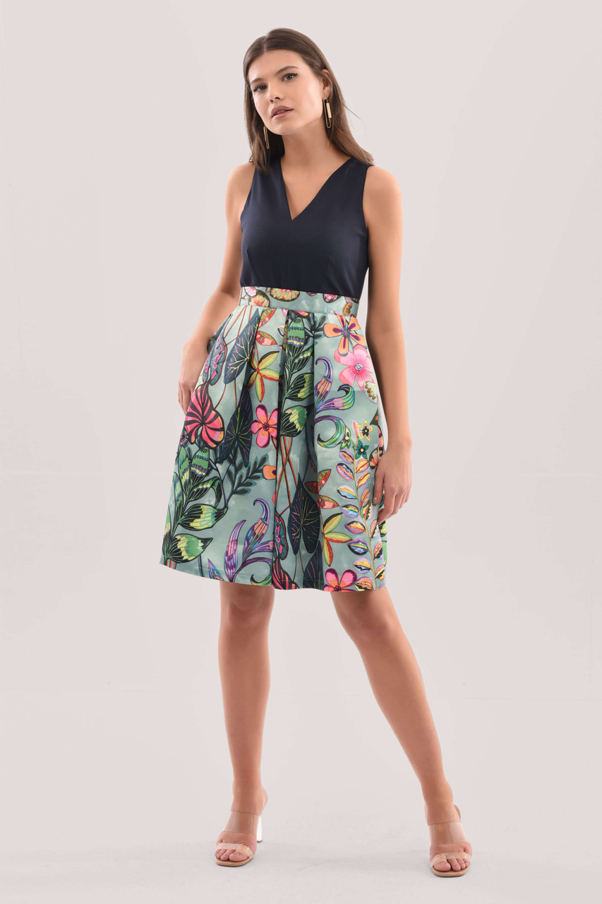 Closet London Green Floral Print Full Skirt Dress