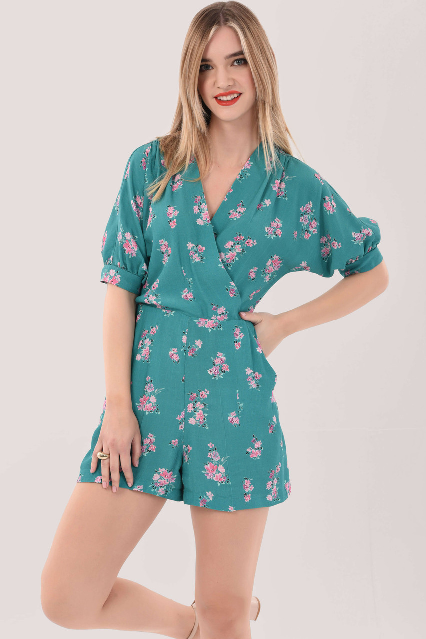 Closet London Green Floral Wrap Playsuit