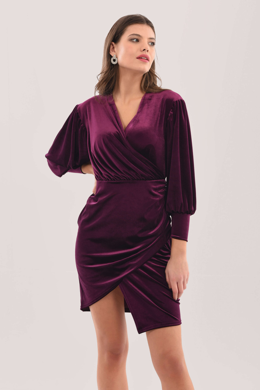 Closet London Purple Velvet Wrap Puff Sleeve Dress